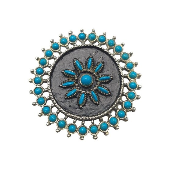 Round Faux Turquoise Brooch Pin With Flower Design Silver-Tone Finish Medallion - Picture 1 of 4